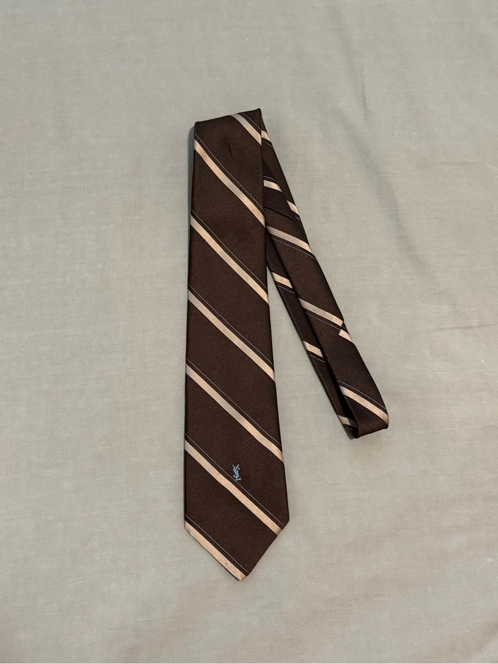 Yves Saint Laurent Brown Tie with Beige Stripes and Light Blue Logo